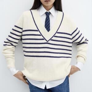 Mango V-Neck Striped Sweater Dark Navy NWT XL